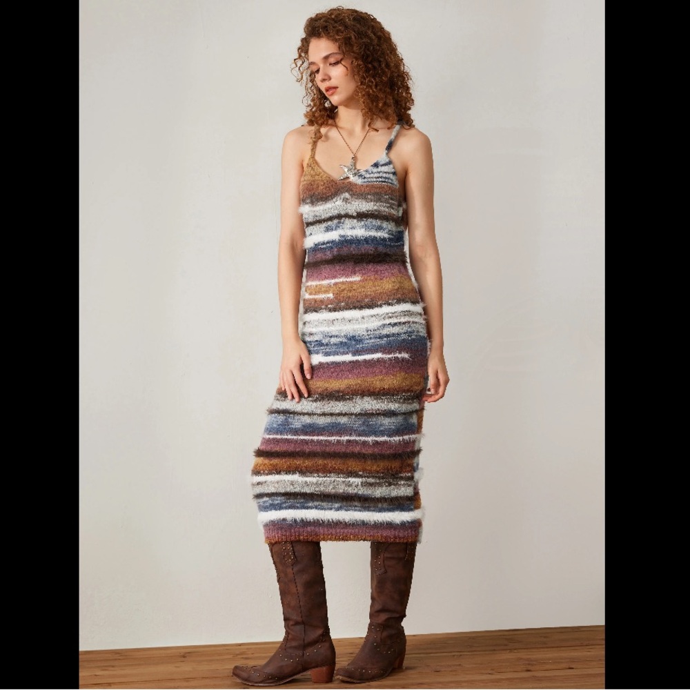 Fuzzy Knitted Stripe Backless Midi Dress